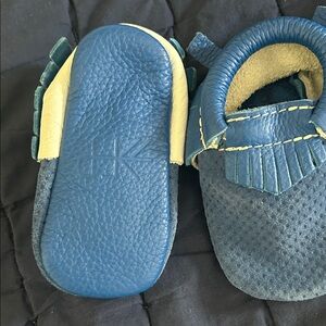 Freshly picked moccasins blue and white suede upper/ leather bottoms